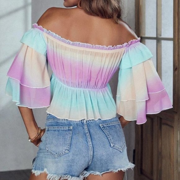 Off Shoulder Frill Trim Layered Sleeve Peplum Crop Ombre Blouse - Picture 3 of 7